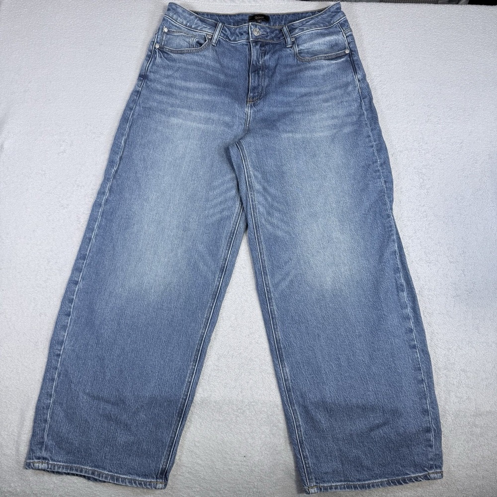 Quince Jeans Womens 31 Blue Bella Wide Leg Raw Hem Stretch Medium Wash Denim